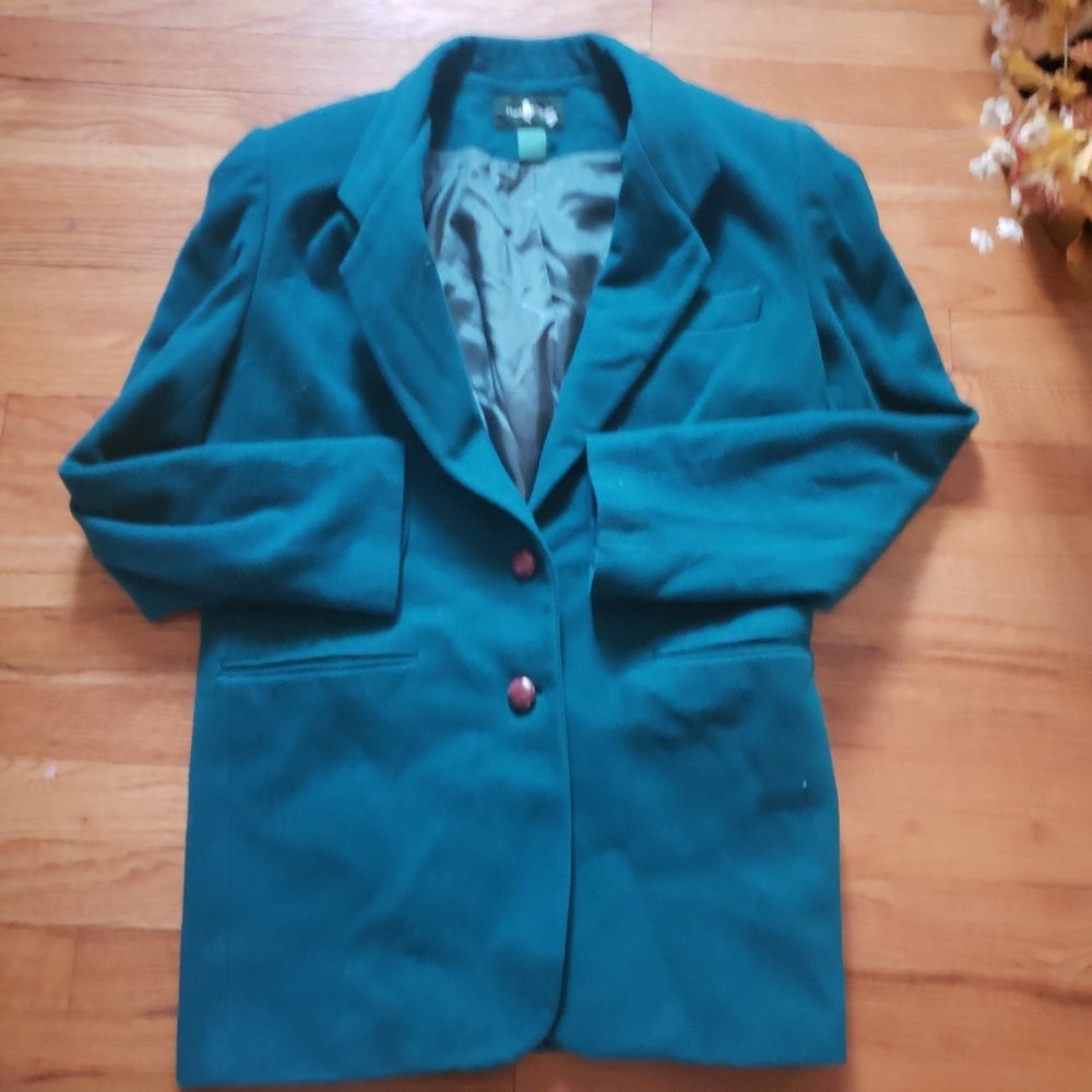 Hunt Club Vintage Womens Green Two Button Merino & Lambs Wool Blazer Sz 10T